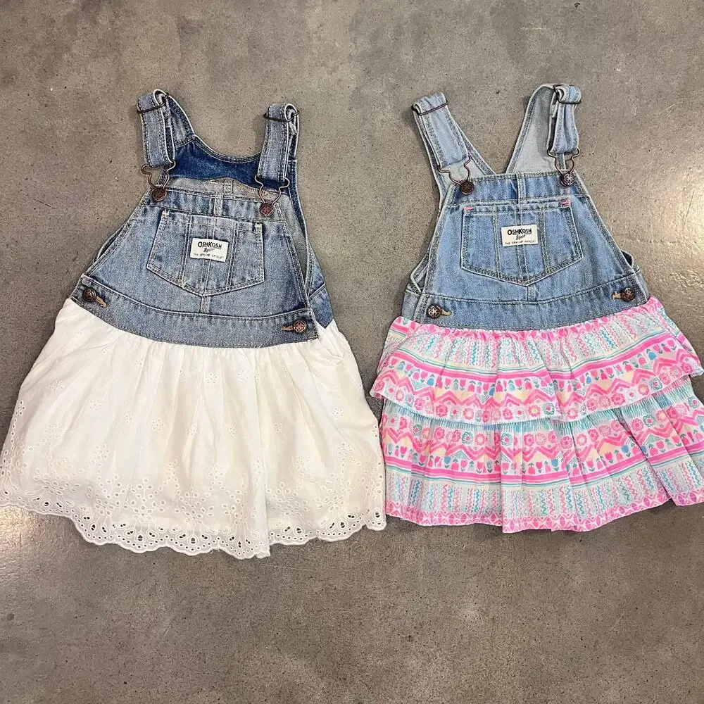 Osh Kosh Bgosh overall dress white pink multi ruffle cotton dress baby 24mo set